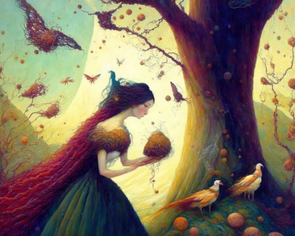 Whimsical Scene of a Woman with a Nest by a Tree