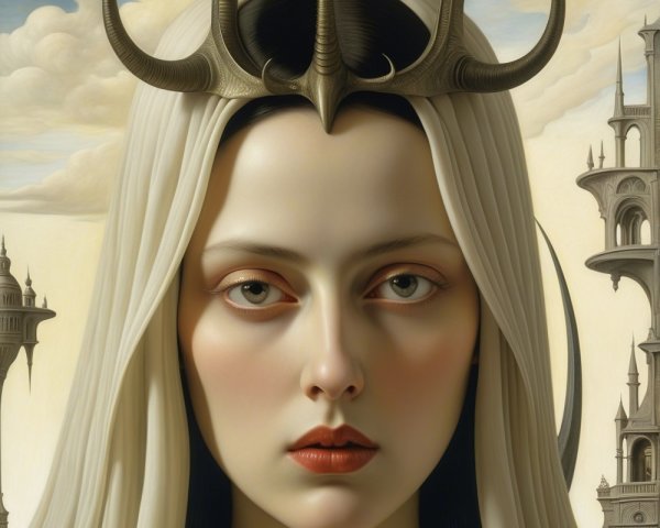Portrait of a woman with white hair and horned crown