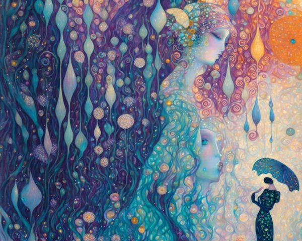 Dreamy Scene with Ethereal Figures and Colorful Patterns