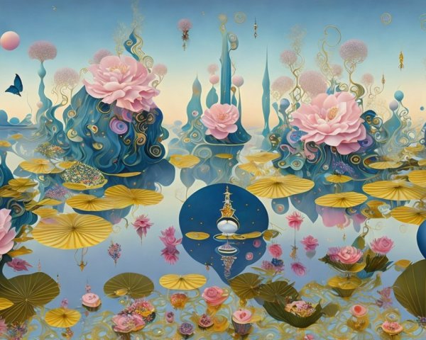 Vibrant Lotus Flowers in a Dreamlike Landscape