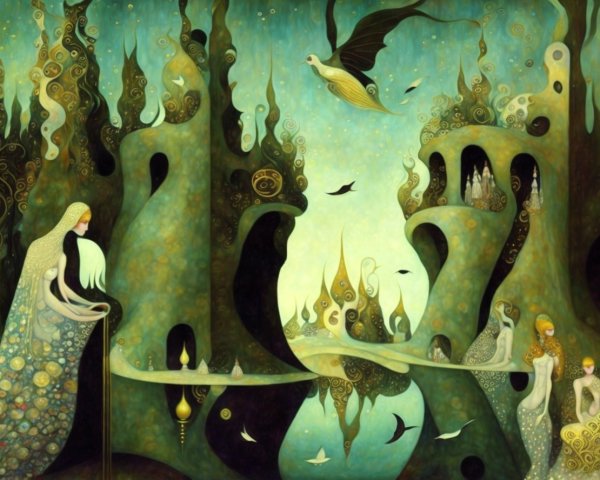 Ethereal Figures and Nature in Dreamlike Landscapes