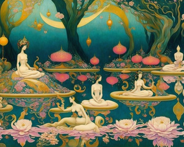 Ethereal Figures on Lotus Platforms in Dreamlike Landscapes