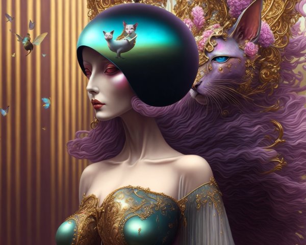 Surreal Scene of Woman with Cats and Butterflies