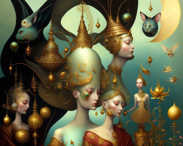 Surreal Artwork with Ethereal Figures and Fantasy Elements