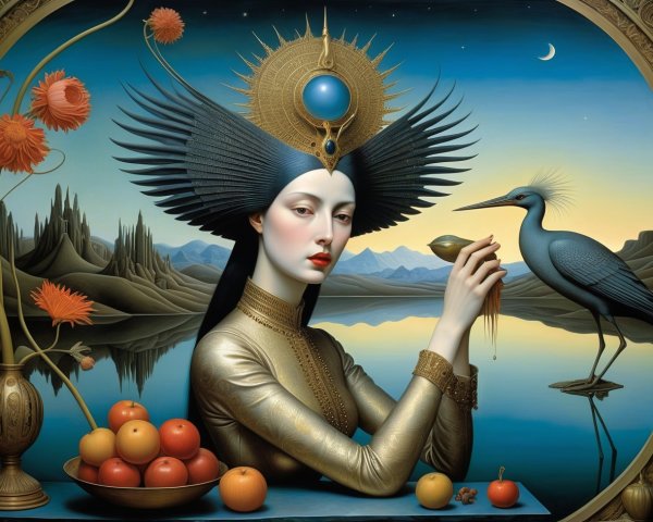 Gold-Adorned Figure by Serene Lakeside Setting