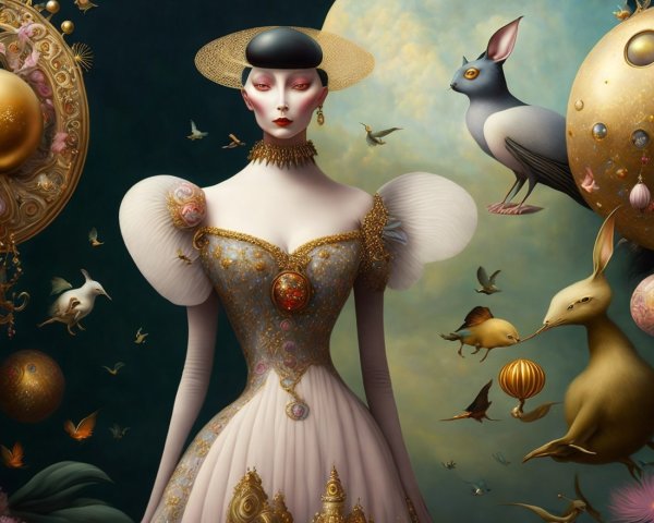 Surreal Figure Surrounded by Whimsical Animals and Birds