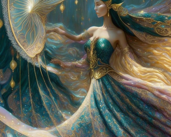 Mystical Figure in Ornate Dress with Ethereal Butterfly
