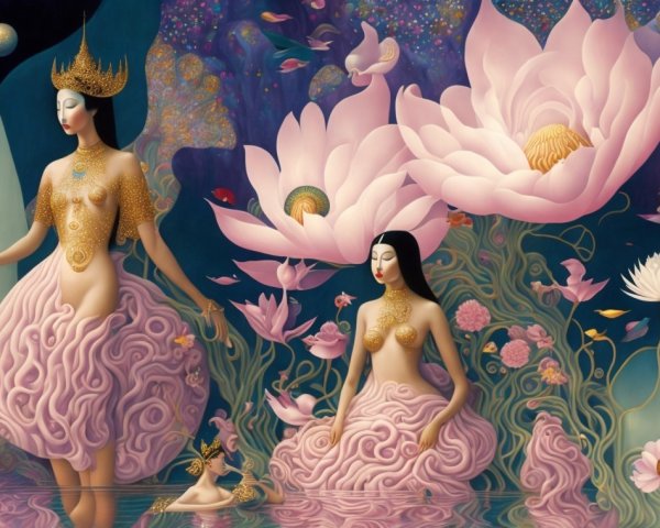 Ethereal Figures Among Lotus Flowers in Tranquil Water
