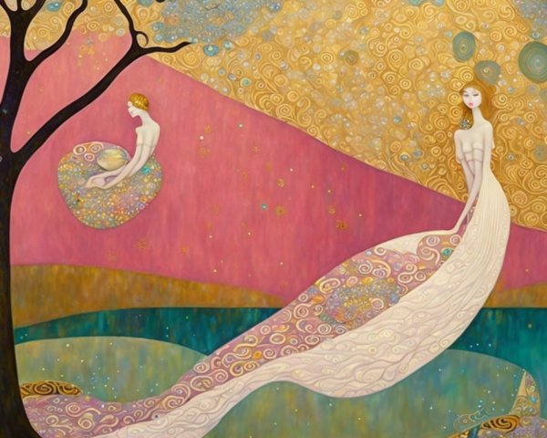Ethereal Figures in Whimsical Pink and Gold Landscape