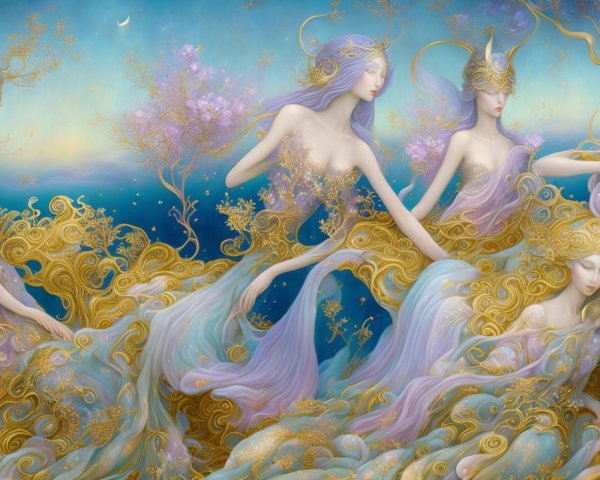 Ethereal Figures in Golden Crowns Amidst Ocean Waves