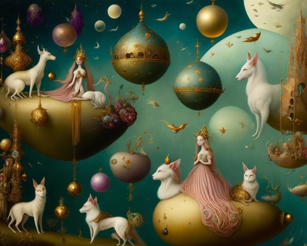 Ethereal Figures and Mythical Creatures in Dreamy Landscape