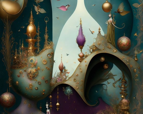 Surreal Landscape with Whimsical Architecture and Figures