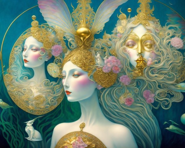 Ethereal Artwork with Three Intricate Faces and Motifs