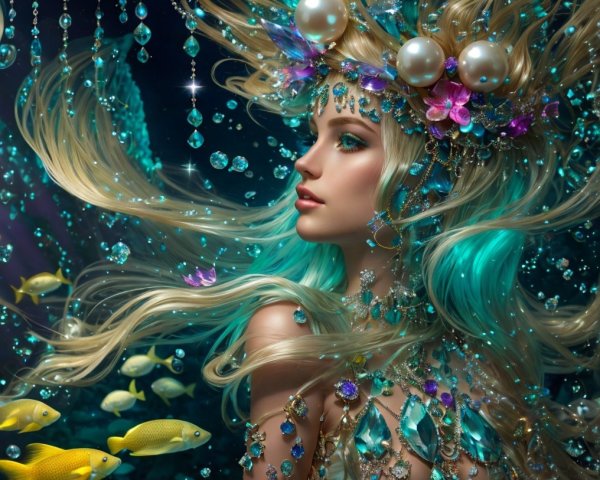 Underwater Scene of a Mystical Figure with Jewels