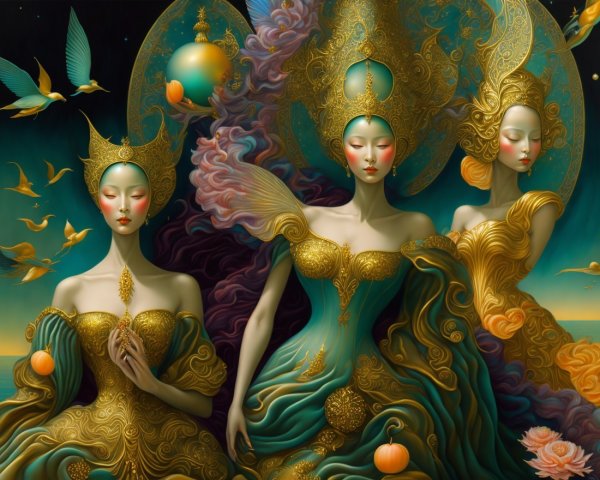 Elegant Figures in Gold Gowns in Dreamlike Landscape