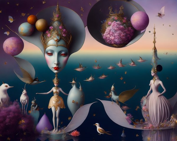 Surreal Landscape with Ethereal Figures and Vibrant Planets