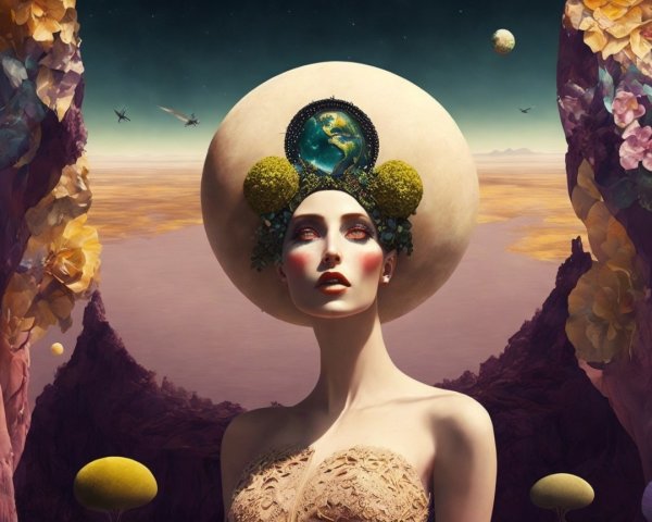 Surreal Figure in a Fantastical Landscape with Globe Headdress