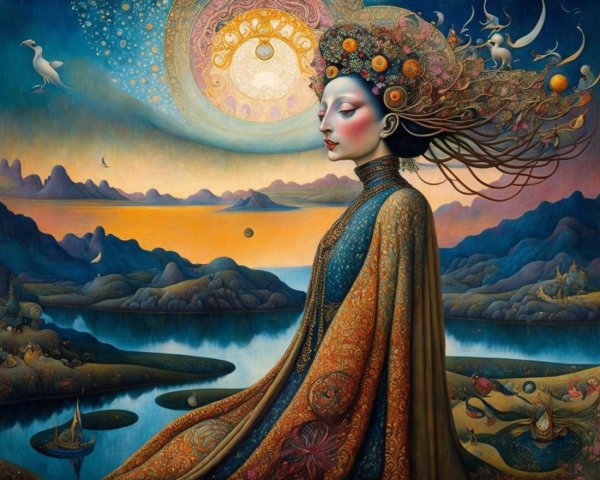 Ethereal Woman with Floral Motifs in Dreamlike Scene