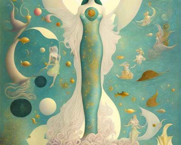 Mystical Figure in Crown Surrounded by Ethereal Creatures