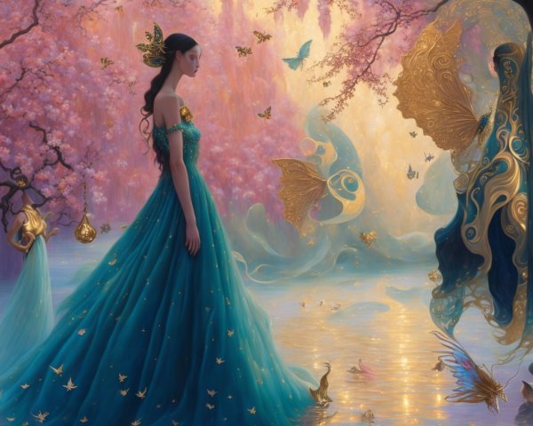 Woman in Teal Gown by Shimmering Lake and Blossoms