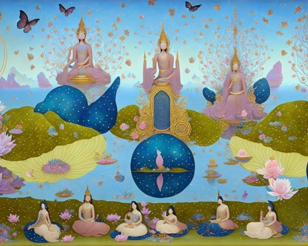 Pastel Landscapes with Buddha Figures and Lotus Flowers