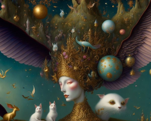 Serene figure with crown in dreamlike landscape