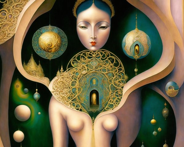 Mesmerizing figure with elongated neck and golden patterns