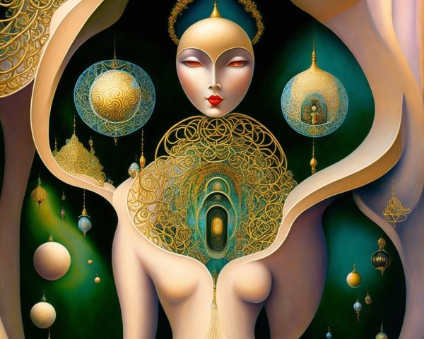 Stylized figure with gold accents on deep green background