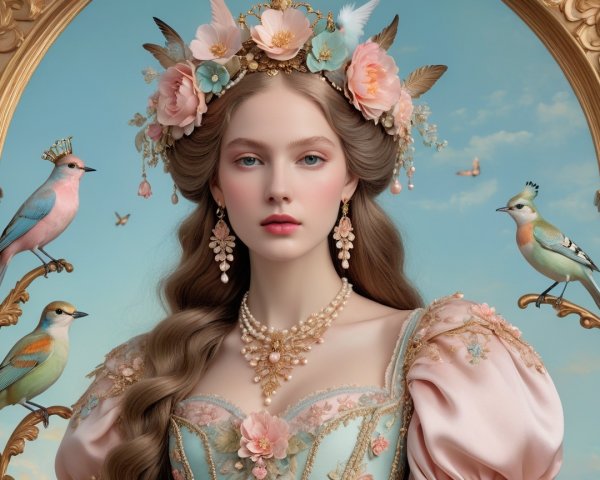 Pastel Gown with Floral Designs and Jewelry Details