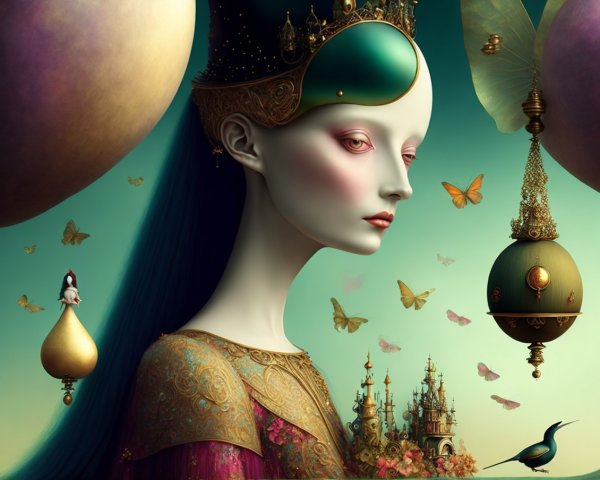 Serene Figure in Ornate Attire with Dreamlike Elements