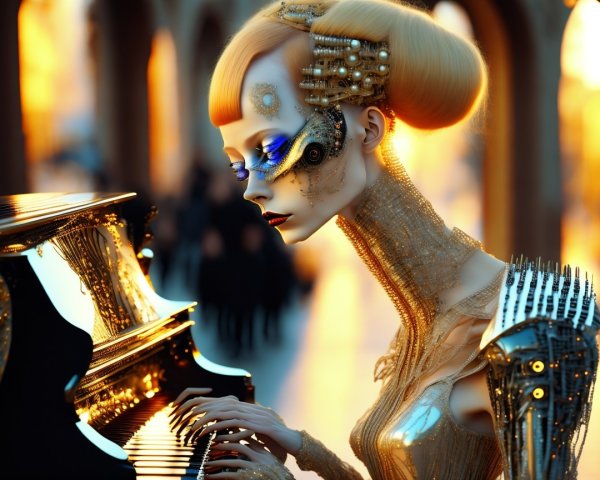 Futuristic humanoid figure at grand piano in golden light