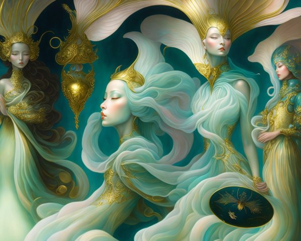 Celestial Scene with Ethereal Figures in Turquoise and Gold