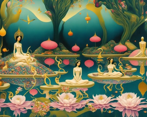 Women Meditating in Surreal Lush Landscapes
