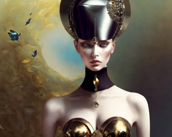Elegant Futuristic Fashion with Ornate Headdress
