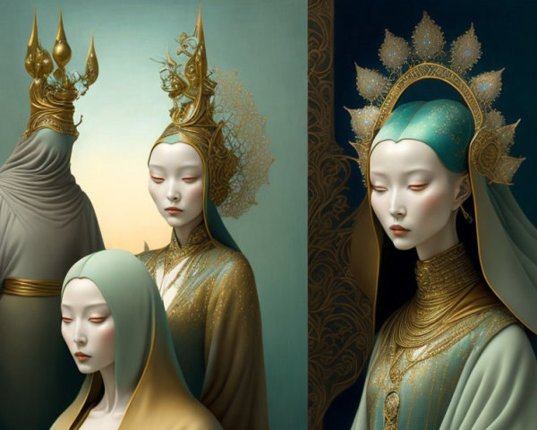 Ethereal Figures in Golden Headpieces and Flowing Garments