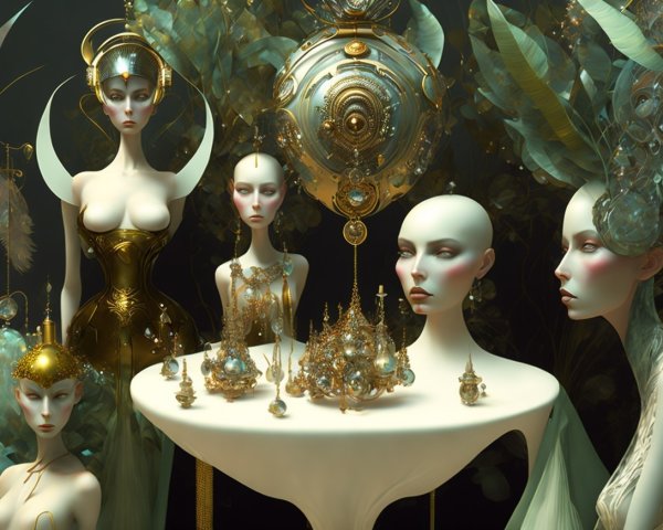 Surreal Scene of Ethereal Figures in Metallic Garments