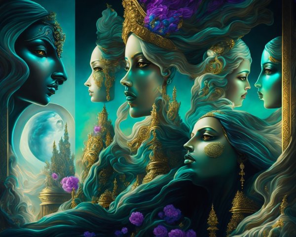 Ethereal Figures with Flowing Hair in Mystical Scene