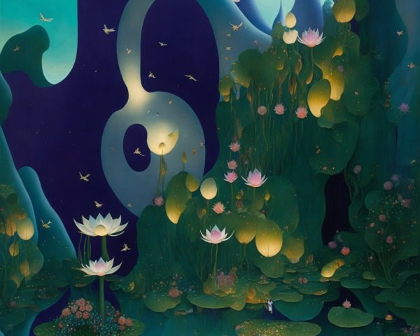 Serene Landscape with Lotus Flowers and Ethereal Shapes