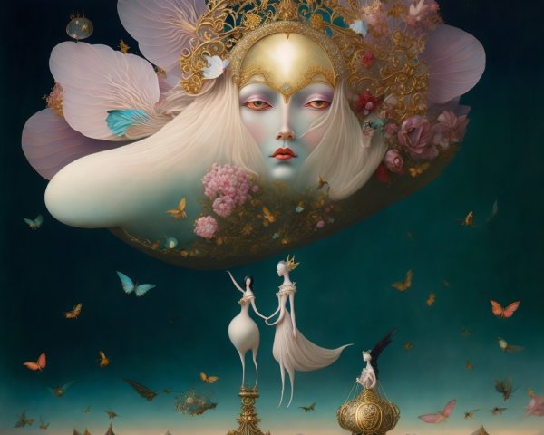 Surreal Scene with Feminine Face and Butterflies