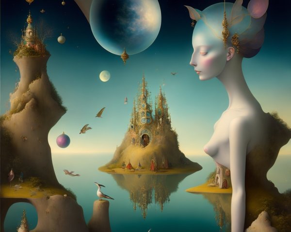 Surreal Landscape with Ethereal Figure and Celestial Bodies