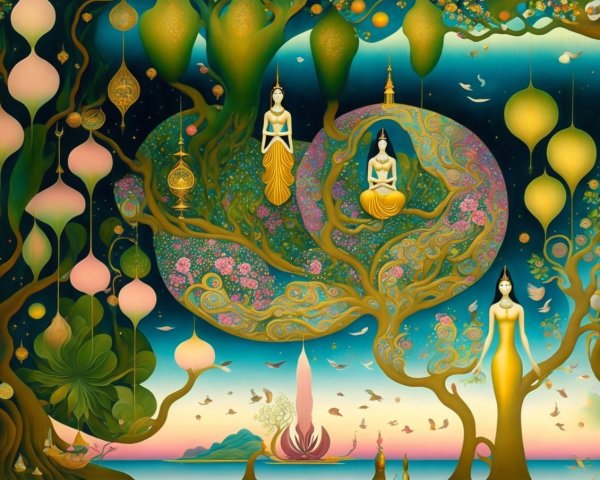 Vibrant Artwork of Serene Figures in a Stylized Tree
