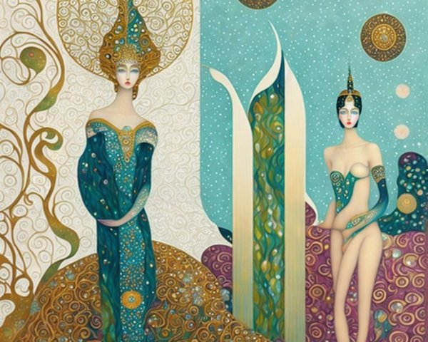 Ethereal Figures in Turquoise and Gold Artwork