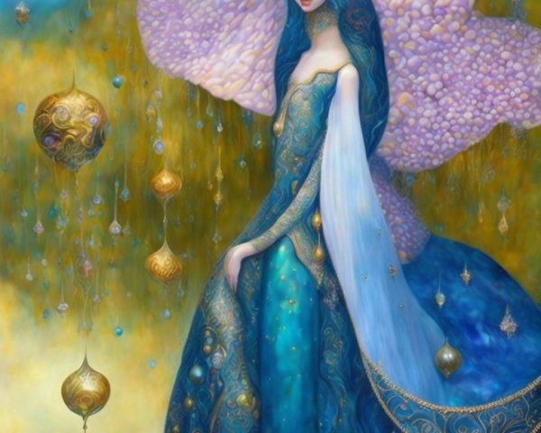 Mystical figure in flowing gown with ethereal landscape