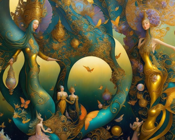 Ethereal Figures in Golden Attire with Butterflies