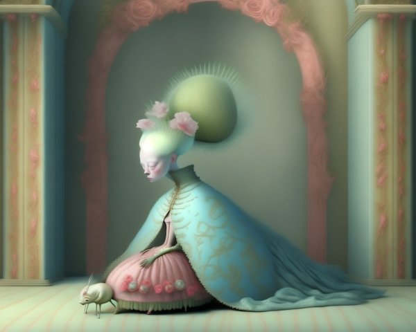 Surreal Figure in Ornate Gown with Floral Accents