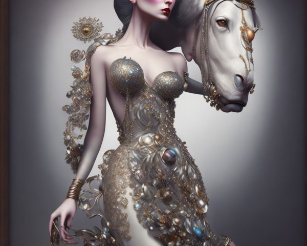 Surreal Figure with Human and Equine Features in Dress