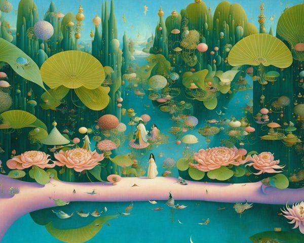 Dream-like Landscape with Lush Flora and Lotus Blossoms