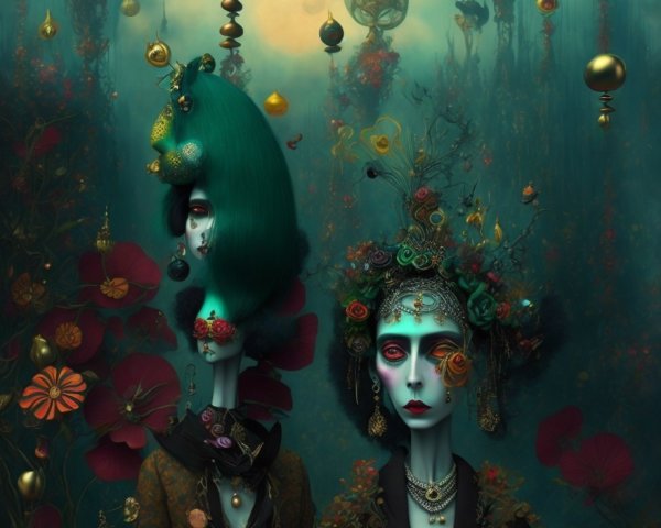 Surreal Landscape with Elegant Figures and Orbs