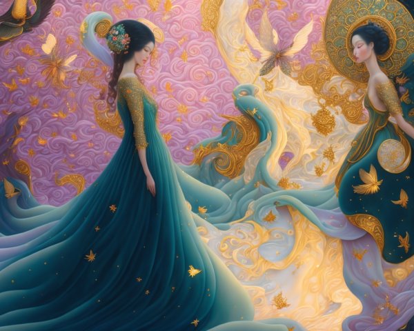Ethereal Figures in Flowing Gowns with Pastel Backdrop