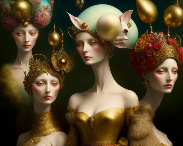 Elegant Figures in Opulent Attire with Elaborate Headpieces